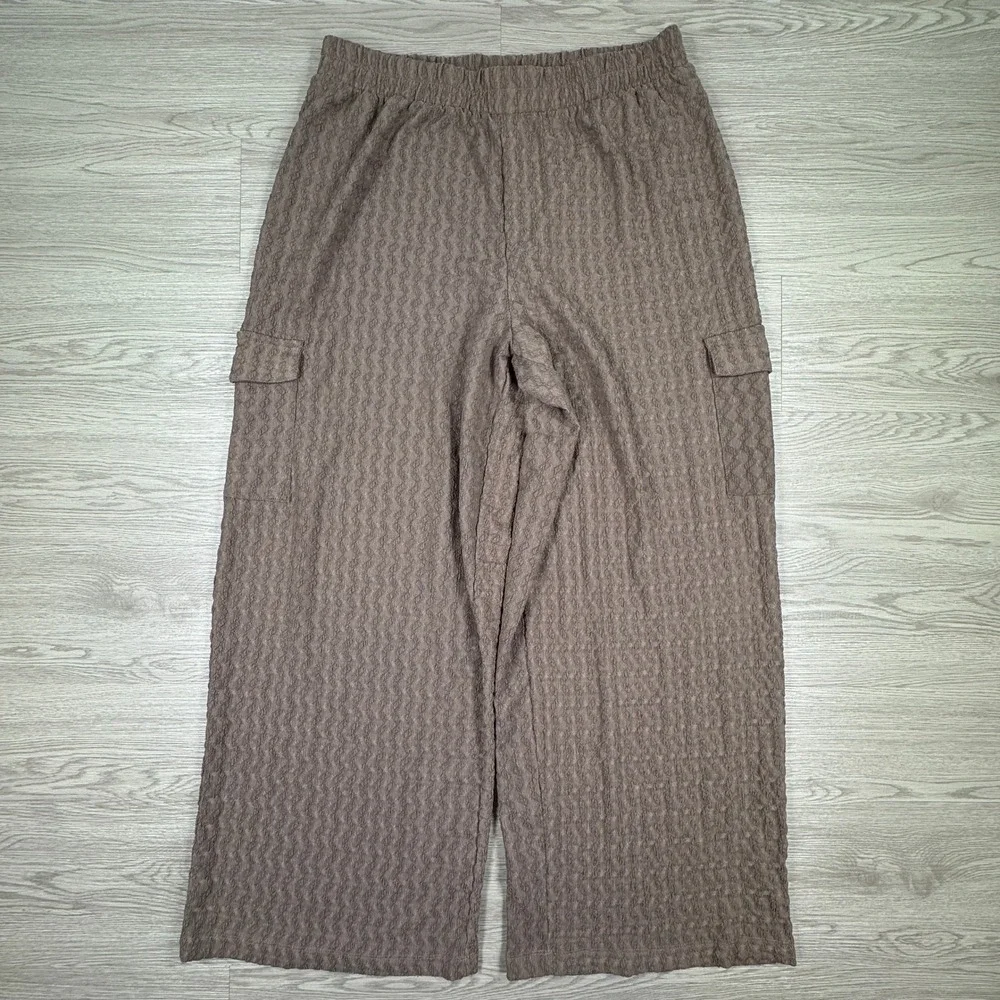 French Laundry Women's Cargo Pants‎ Textured Wide Leg Brown Large Elastic Waist